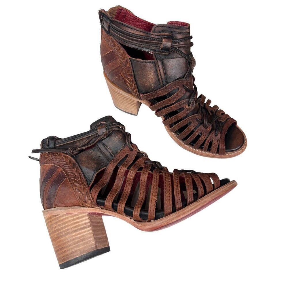 Freebird By Steven Wazee Leather Sandal Heel Booties Womens Size 7 Distressed - Picture 1 of 15